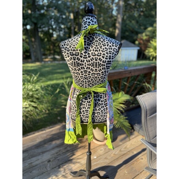 Anthropologie Floral Cotton Bibbed Apron Smocked Pocket Vintage Style Lime New - Picture 2 of 6